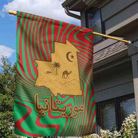 Mauritania Garden Flag with Desert Camel Crescent Moon and Palm Tree Graphic in Red Green Gold Pattern