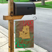 Mauritania Garden Flag with Desert Camel Crescent Moon and Palm Tree Graphic in Red Green Gold Pattern