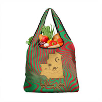 Mauritania Grocery Bag with Desert Camel Crescent Moon and Palm Tree Graphic in Red Green Gold Pattern