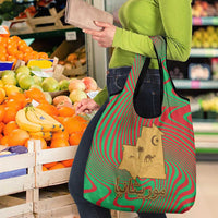 Mauritania Grocery Bag with Desert Camel Crescent Moon and Palm Tree Graphic in Red Green Gold Pattern