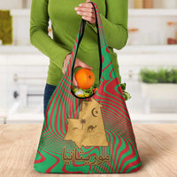 Mauritania Grocery Bag with Desert Camel Crescent Moon and Palm Tree Graphic in Red Green Gold Pattern