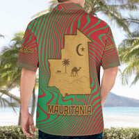 Mauritania Hawaiian Shirt with Desert Camel Crescent Moon and Palm Tree Graphic in Red Green Gold Pattern