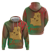 Mauritania Hoodie with Desert Camel Crescent Moon and Palm Tree Graphic in Red Green Gold Pattern