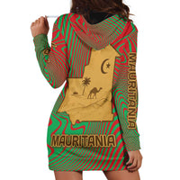 Mauritania Hoodie Dress with Desert Camel Crescent Moon and Palm Tree Graphic in Red Green Gold Pattern