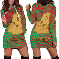 Mauritania Hoodie Dress with Desert Camel Crescent Moon and Palm Tree Graphic in Red Green Gold Pattern