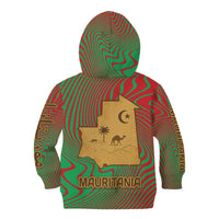 Mauritania Kid Hoodie with Desert Camel Crescent Moon and Palm Tree Graphic in Red Green Gold Pattern