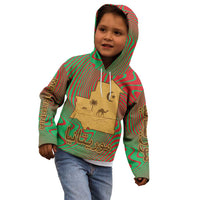 Mauritania Kid Hoodie with Desert Camel Crescent Moon and Palm Tree Graphic in Red Green Gold Pattern