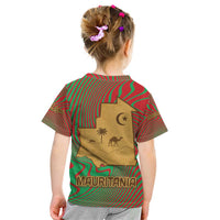 Mauritania Kid T Shirt with Desert Camel Crescent Moon and Palm Tree Graphic in Red Green Gold Pattern