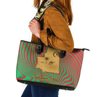 Mauritania Leather Tote Bag with Desert Camel Crescent Moon and Palm Tree Graphic in Red Green Gold Pattern