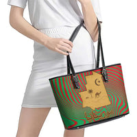 Mauritania Leather Tote Bag with Desert Camel Crescent Moon and Palm Tree Graphic in Red Green Gold Pattern