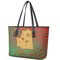 Mauritania Leather Tote Bag with Desert Camel Crescent Moon and Palm Tree Graphic in Red Green Gold Pattern