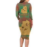 Mauritania Long Sleeve Bodycon Dress with Desert Camel Crescent Moon and Palm Tree Graphic in Red Green Gold Pattern