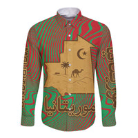 Mauritania Long Sleeve Button Shirt with Desert Camel Crescent Moon and Palm Tree Graphic in Red Green Gold Pattern