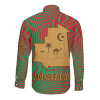 Mauritania Long Sleeve Button Shirt with Desert Camel Crescent Moon and Palm Tree Graphic in Red Green Gold Pattern