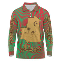 Mauritania Long Sleeve Polo Shirt with Desert Camel Crescent Moon and Palm Tree Graphic in Red Green Gold Pattern