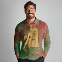 Mauritania Long Sleeve Polo Shirt with Desert Camel Crescent Moon and Palm Tree Graphic in Red Green Gold Pattern