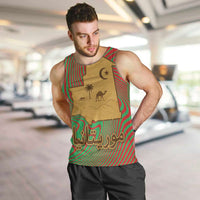 Mauritania Men Tank Top with Desert Camel Crescent Moon and Palm Tree Graphic in Red Green Gold Pattern