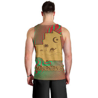 Mauritania Men Tank Top with Desert Camel Crescent Moon and Palm Tree Graphic in Red Green Gold Pattern