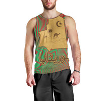 Mauritania Men Tank Top with Desert Camel Crescent Moon and Palm Tree Graphic in Red Green Gold Pattern