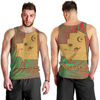 Mauritania Men Tank Top with Desert Camel Crescent Moon and Palm Tree Graphic in Red Green Gold Pattern