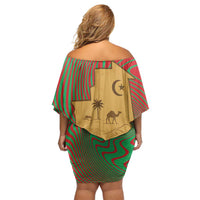 Mauritania Off Shoulder Short Dress with Desert Camel Crescent Moon and Palm Tree Graphic in Red Green Gold Pattern