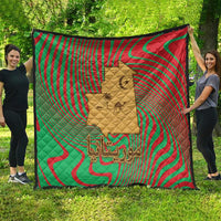 Mauritania Quilt with Desert Camel Crescent Moon and Palm Tree Graphic in Red Green Gold Pattern