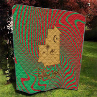 Mauritania Quilt with Desert Camel Crescent Moon and Palm Tree Graphic in Red Green Gold Pattern