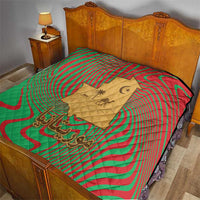Mauritania Quilt with Desert Camel Crescent Moon and Palm Tree Graphic in Red Green Gold Pattern