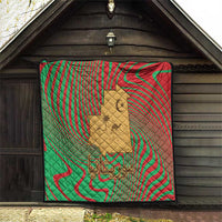 Mauritania Quilt with Desert Camel Crescent Moon and Palm Tree Graphic in Red Green Gold Pattern