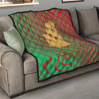 Mauritania Quilt with Desert Camel Crescent Moon and Palm Tree Graphic in Red Green Gold Pattern