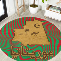 Mauritania Round Carpet with Desert Camel Crescent Moon and Palm Tree Graphic in Red Green Gold Pattern