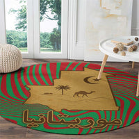Mauritania Round Carpet with Desert Camel Crescent Moon and Palm Tree Graphic in Red Green Gold Pattern