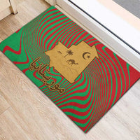 Mauritania Rubber Doormat with Desert Camel Crescent Moon and Palm Tree Graphic in Red Green Gold Pattern
