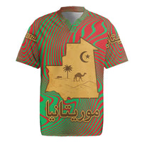 Mauritania Rugby Jersey with Desert Camel Crescent Moon and Palm Tree Graphic in Red Green Gold Pattern