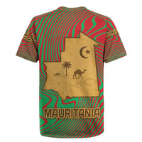 Mauritania Rugby Jersey with Desert Camel Crescent Moon and Palm Tree Graphic in Red Green Gold Pattern