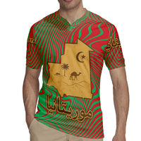 Mauritania Rugby Jersey with Desert Camel Crescent Moon and Palm Tree Graphic in Red Green Gold Pattern