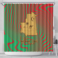 Mauritania Shower Curtain with Desert Camel Crescent Moon and Palm Tree Graphic in Red Green Gold Pattern