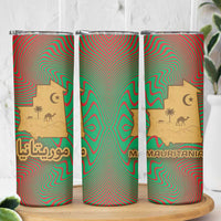 Mauritania Skinny Tumbler with Desert Camel Crescent Moon and Palm Tree Graphic in Red Green Gold Pattern