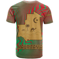 Mauritania T Shirt with Desert Camel Crescent Moon and Palm Tree Graphic in Red Green Gold Pattern