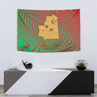Mauritania Tapestry with Desert Camel Crescent Moon and Palm Tree Graphic in Red Green Gold Pattern