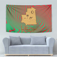Mauritania Tapestry with Desert Camel Crescent Moon and Palm Tree Graphic in Red Green Gold Pattern