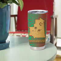 Mauritania Tumbler Cup with Desert Camel Crescent Moon and Palm Tree Graphic in Red Green Gold Pattern