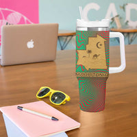 Mauritania Tumbler With Handle with Desert Camel Crescent Moon and Palm Tree Graphic in Red Green Gold Pattern