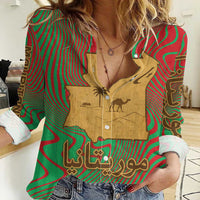 Mauritania Women Casual Shirt with Desert Camel Crescent Moon and Palm Tree Graphic in Red Green Gold Pattern