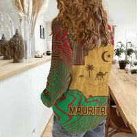 Mauritania Women Casual Shirt with Desert Camel Crescent Moon and Palm Tree Graphic in Red Green Gold Pattern