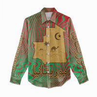 Mauritania Women Casual Shirt with Desert Camel Crescent Moon and Palm Tree Graphic in Red Green Gold Pattern