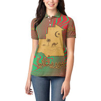Mauritania Women Polo Shirt with Desert Camel Crescent Moon and Palm Tree Graphic in Red Green Gold Pattern