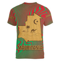 Mauritania Women V-Neck T-Shirt with Desert Camel Crescent Moon and Palm Tree Graphic in Red Green Gold Pattern