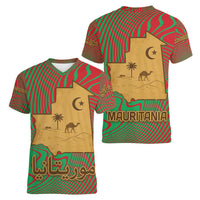 Mauritania Women V-Neck T-Shirt with Desert Camel Crescent Moon and Palm Tree Graphic in Red Green Gold Pattern