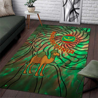 Mauritania Area Rug with Green Tie Dye Camel and Crescent Moon Flag Design